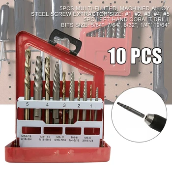 

10Pcs Screw Extractor & Cobalt Left Hand Drill Bit Set Tool Metal Storage Box Case Wear Resistant High Hardness Alloy Steel
