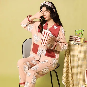 

Women 2PCS Shirt&Pants Soft Cotton Sleep Set Intimate Lingerie Autumn New Casual Nightwear Pajamas Suit Cute Home Clothes