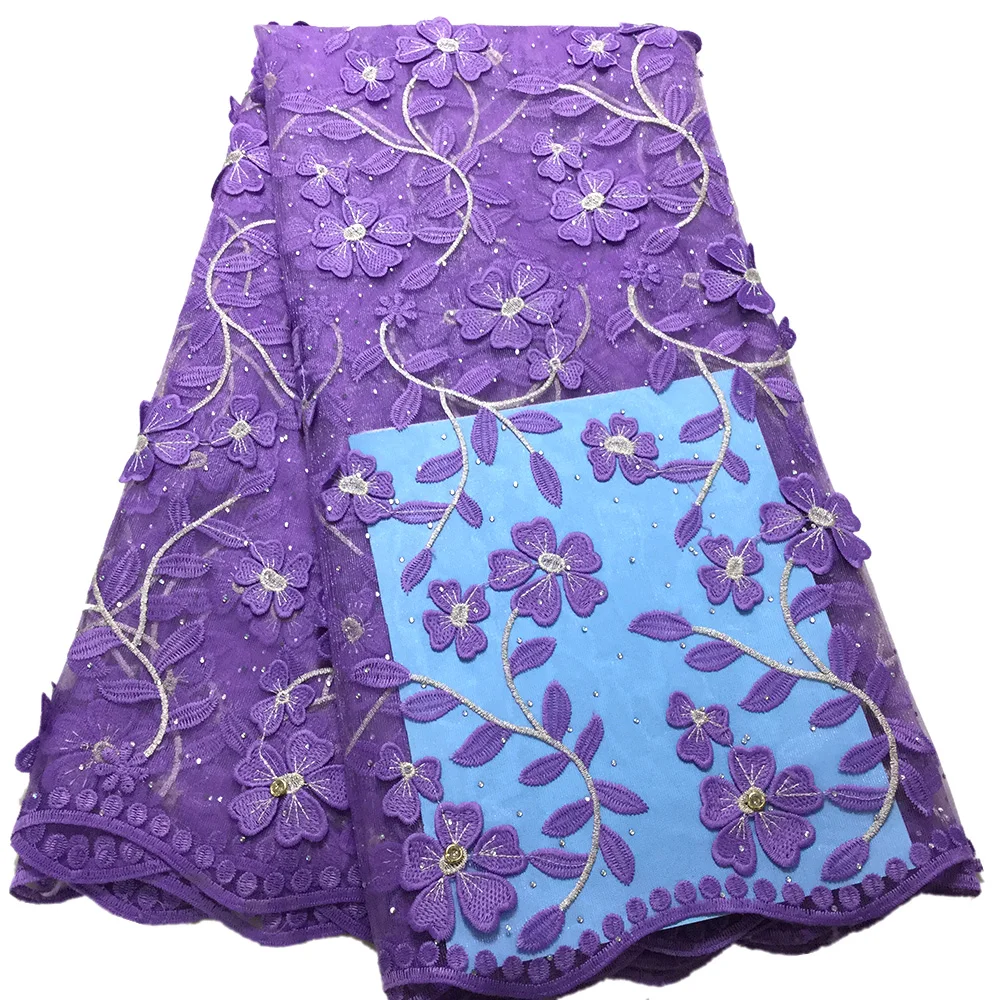 

African purple tulle french lace fabric high quality lace embroidered Nigerian lace fabric white stones mesh fabric for wedding