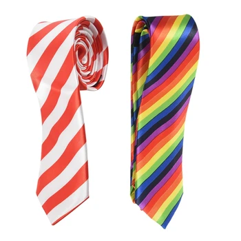 

2 Pcs Casual Skinny Slim Narrow Tie Formal Wedding Party Necktie, Red+White Wide Stripes & Rainbow Color Stripes