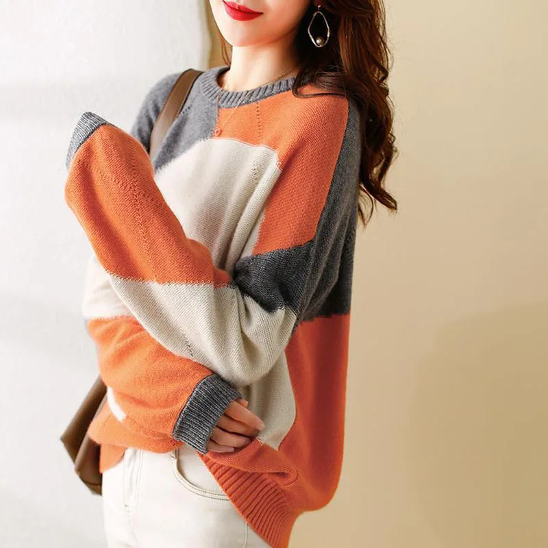 

Sweaters Women's Plus Size Knit 2020 Winter New Fashion Knitted Woollen Color Splicing Warm Jumper Lazy Jerseys Sweater Woman