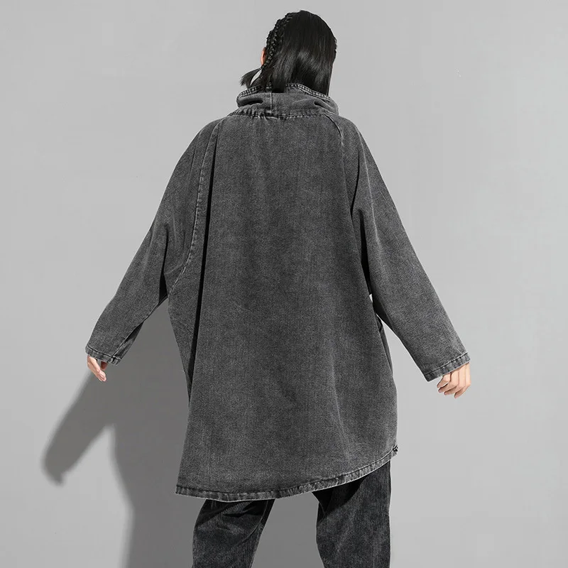 [EAM] Loose Fit Black Denim Oversized Sweatshirt New High Collar Long Sleeve Women Big Size Fashion Autumn Winter 2020 1K166