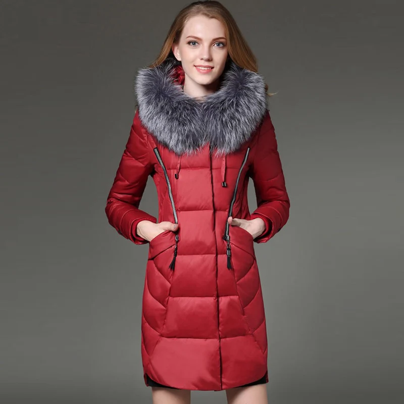 

Winter Fall Fashion Womens Slim Fur Collar Wine Red Black 90% Duck Feather Down Coat with A Hood , Warm Hooded Coats for Women