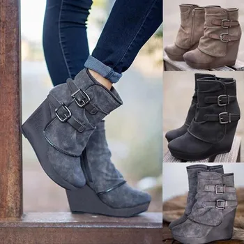 

Fashion Ankle Boots for Women Suede Wedges Zipper Solid Color Short Booties Round Toe Shoes Boots-women Dropshipping 2020