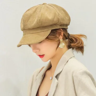 Унисекс восьмиугольная шляпа мужская Осенняя бархатная ткань Женская Бейсболка Newsboy Женские однотонные шапки для мужчин береты - Цвет: Khaki