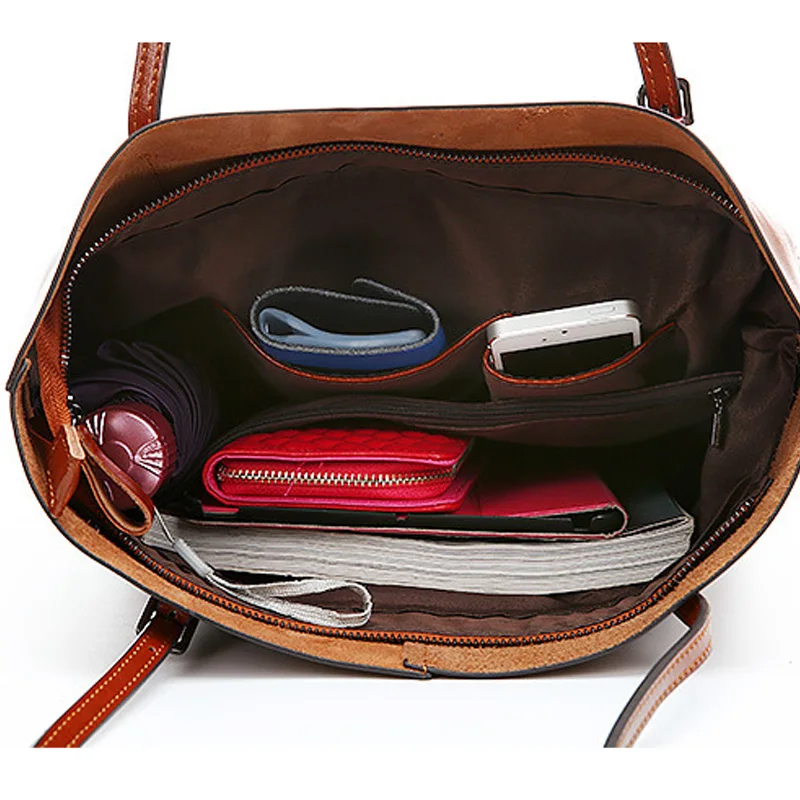Zency Genuine Leather Vintage Women Shoulder Bag High Quality Fashion Brown Large Capacity Shopping Bags Black Tote Handbag