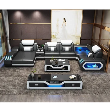 

CBMMART Multifunctional Music Player Genuine Leather LED Sofa Living Room Sofa Set