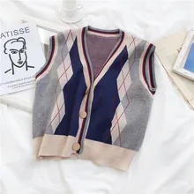 Женский Вязанный свитер, жилет, весна, корейский стиль, винтажный клетчатый пуловер с v-образным вырезом, жилет без рукавов, жилет, T457