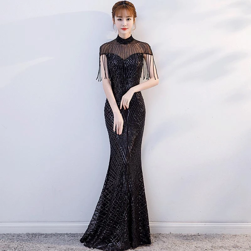 

Black Mermaid Evening Dresses 2020 Summer Sexy Tassel Long Party Dress Women Bodycon Sequin Korean Style Ropa Mujer Clothes