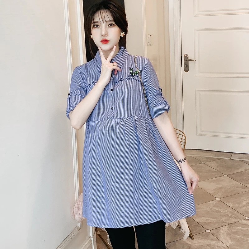 6091# Blue Striped Cotton Maternity Nursing Blouses Autumn Fashion Shirts Clothes for Pregnant Women Pregnancy Feeding Tops