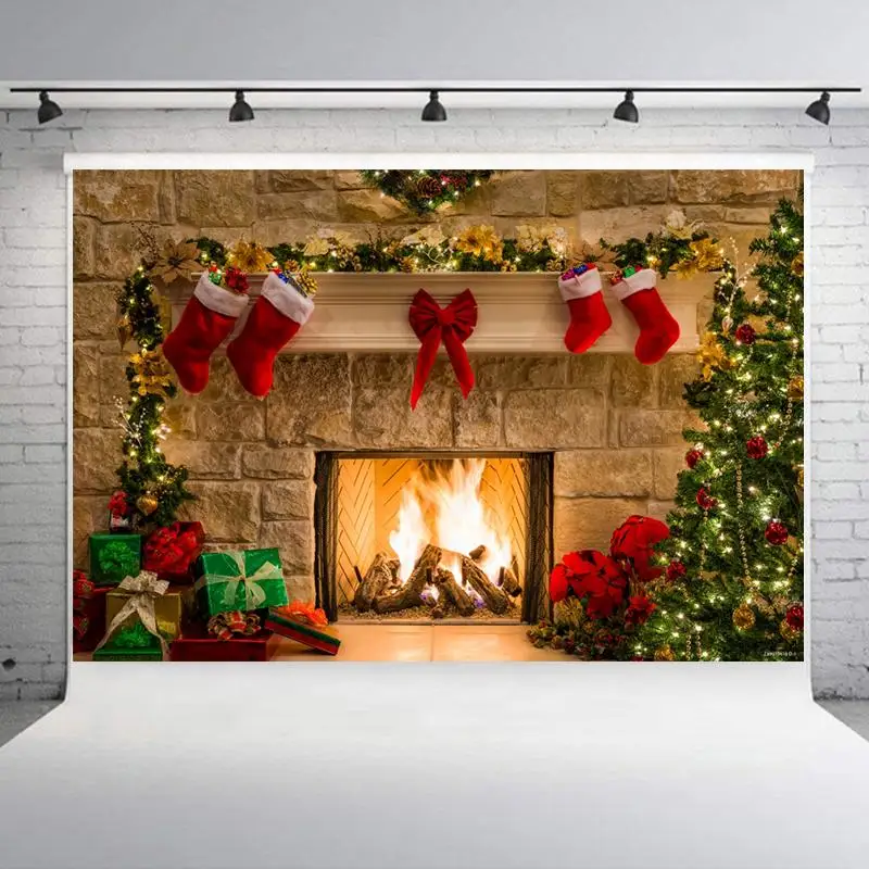 Christmas Style Photography Background Christmas Decoration Tree Retro Vintage Wooden Wall Fireplace Christmas Backdrops Prop - Color: ZJ HJ10618 D 1