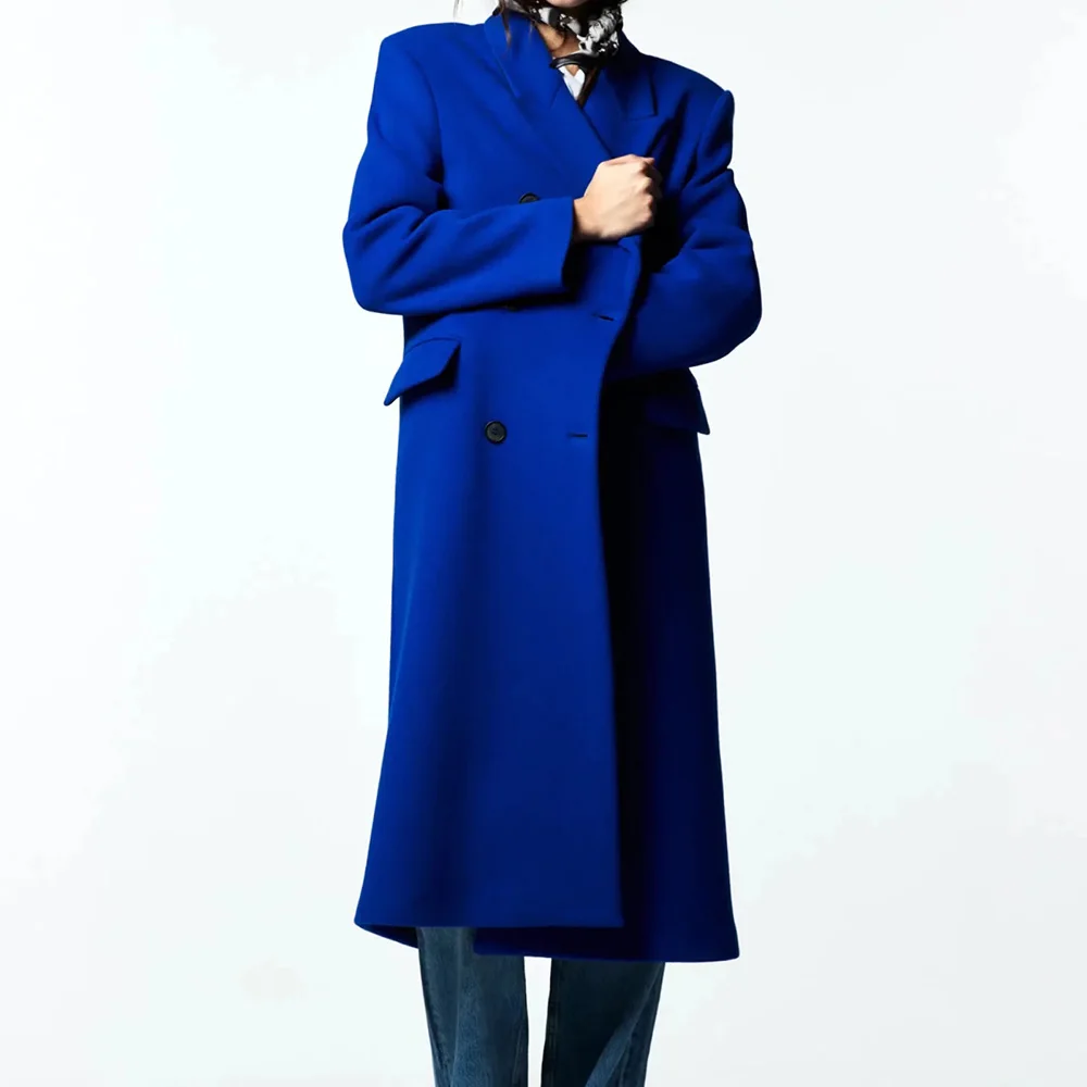 

XIKOM 2021 Woolen Blue Women's Winter Jacket Pockets Long Cardigan Women's Coat Office Lady Loose Warm Woman Clothes Coat