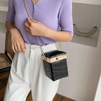 

Women Mini Chain Shoulder Handbags Female Travel Totes Lady Cross Body Bag Stone Pattern PU Leather Box Bags