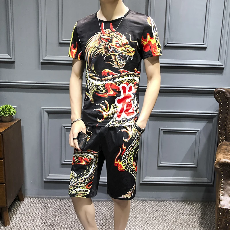 Stijl Draak/комплект из 2 предметов, Футболка с рукавами Mannen Korte, Mannen Trainingspak Mannen, футболка Homme, футболка+ шорты, 7XL-M