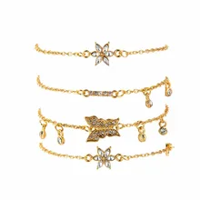 4 шт./компл. женский золотой браслет-цепочка из нескольких рядов Набор Мода бабочка цветок браслеты со стразами очаровательные вечерние ювелирные изделия