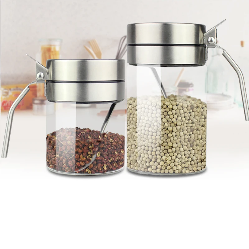 304 Sainless Steel Lid Glass Spice Seasoning Jars Salt Pepper Shaker Seasoning Box Kitchen With Spoon Set