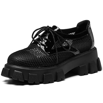 

DORATASIA Lace Up Air Mesh Hollow Comfy Shoes Casual Summer Lace Up Sneakers Women Cow Leather Round Toe Sneakers