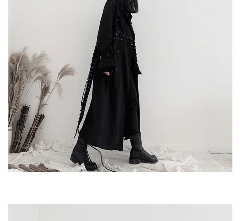 [EAM] женский черный бандаж большого размера длинный Тренч лацкан длинный рукав свободный крой ветровка Мода Осень Зима 19A-a542
