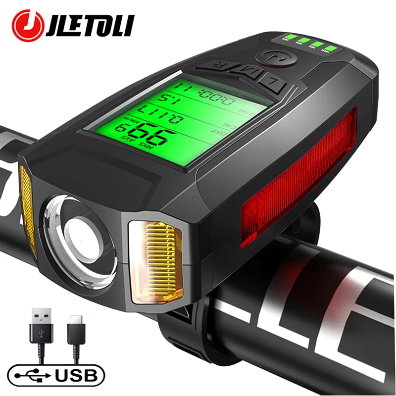 

JLETOLI Bicycle Light USB Rechargeable Cycling Headlight Waterproof Light Smart Stopwatch Anti-theft Bike Light with Horn