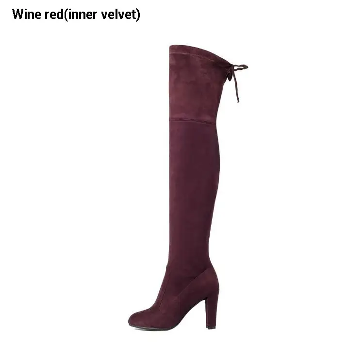 Wine red(velvet) CDAXILAN/Новое поступление, Сапоги выше колена, женские ботфорты из искусственной замши, на высоком каблуке 9 см, эластичные тонкие пикантные женские зимние сапоги - Цвет: Wine red(velvet)
