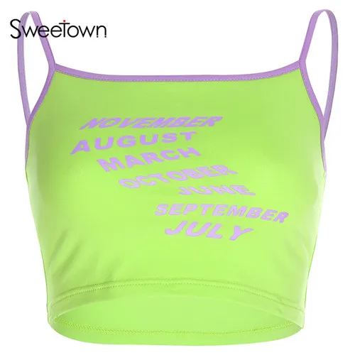 green Sweetown Лето с открытыми плечами укороченный топ Для женщин Фитнес Костюмы письмо узор контрастные цвета на бретельках со сборками и топ, модная кофта с матросским воротником - Цвет: green