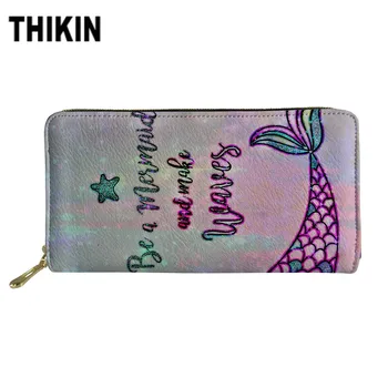 

THIKIN Pretty Cartoon Mermaid Print Leather Wallet for Women Trendy Colorful Pattern Ladies Credit Card Holder Purse Money Bags