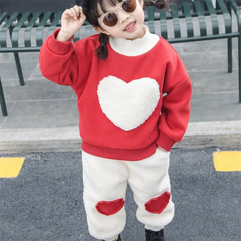 Warm Clothes for Girl Winter Kids Clothing Sets 2 PCS Top and Pants Long Sleeve Cute Plus Velvet Thick Children Outfit