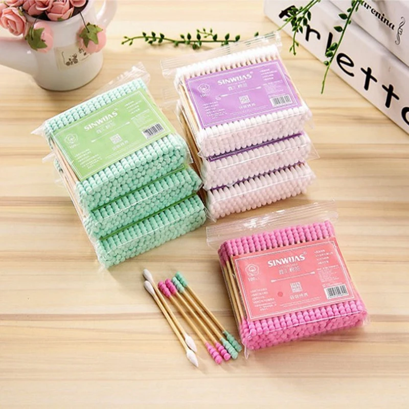 Wood Makeup Cotton-Swabs Ears Cleaning Women Nose Disposable Double-Head 100pcs/Bag