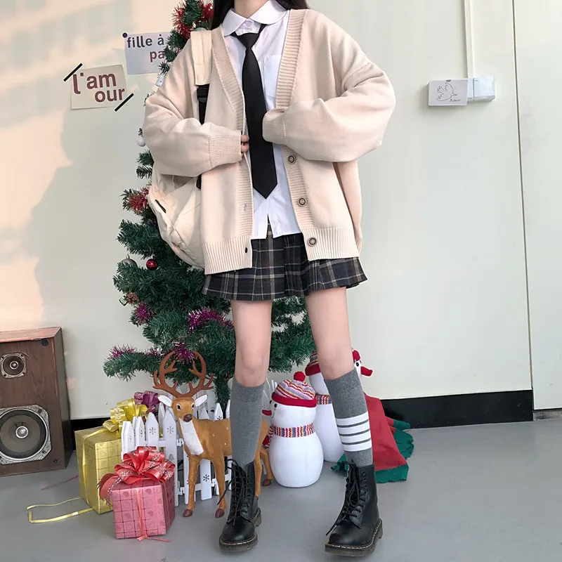 Japanese fashion College jk Loose V-neck Cardigan New Sweater Female Outer Wear JK Sweater Coat japanese school uniform