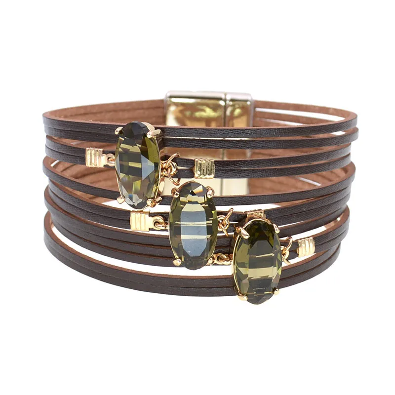 brown WELLMORE, новые модные женские браслеты из стекла, кожаные браслеты с подвесками для женщин, роскошные свадебные массивные ювелирные изделия - Окраска металла: brown