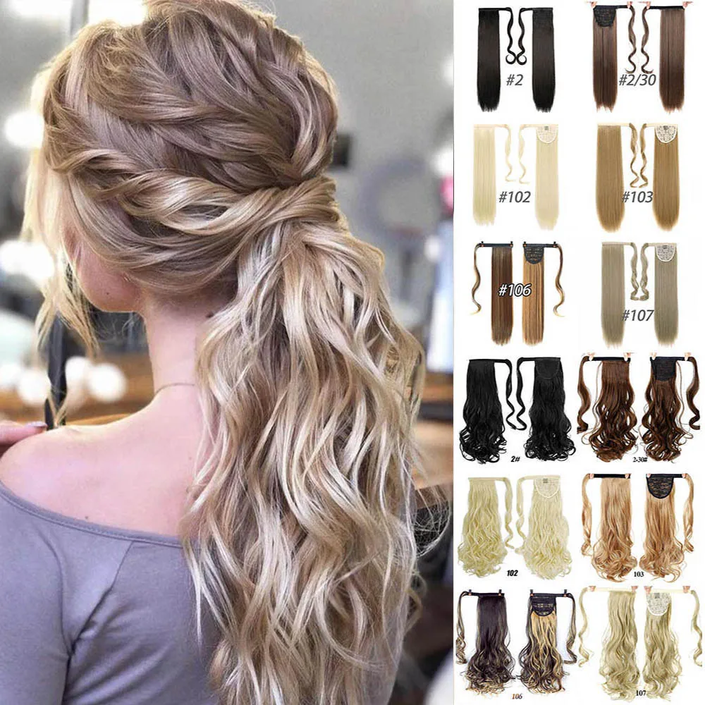 

MANWEI 24" Long Wavy thick straight curly ponytail wrap around ponytail clip in Hair extensions natural hairpiece headwear