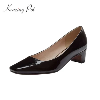 

Krazing pot new arrival Limited customization natural leather square toe med strange heel slip on elegant lady women pumps L32