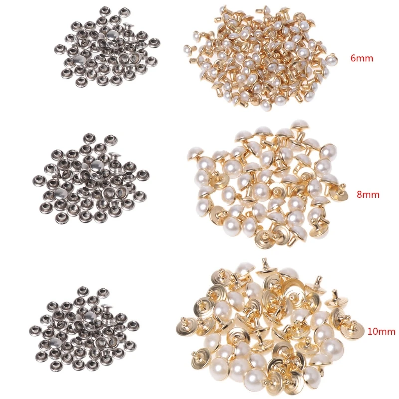 100x Imitation Pearls with Rivets Studs for Leather Bag Shoes Clothes Crafts Decor
