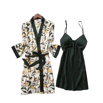 

Long-sleeved printed dress two-piece robe nightdress women with chest pads straps charming Sleepwear thin Nightwear peignoir