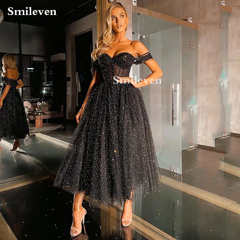 

Черное блестящее платье Smileven с открытыми плечами, в горошек, из тюля, для выпускного вечера, трапециевидного силуэта, до середины икры, 2021