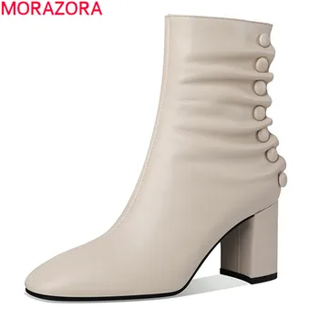 

MORAZORA 2020 Genuine leather boots fashion square toe high heels ladies shoes autumn winter solid color ankle boots for woman