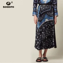 ROHOPO Высокая талия винтажная Цветочная черная Макси миди юбка Многоканальная Пояс Элегантный Королевский аккордеон штамм Falda#2576