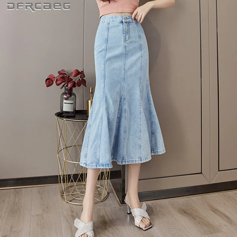 Light Blue Summer Denim Trumpet Skirt Long Woman 2021 High Waist