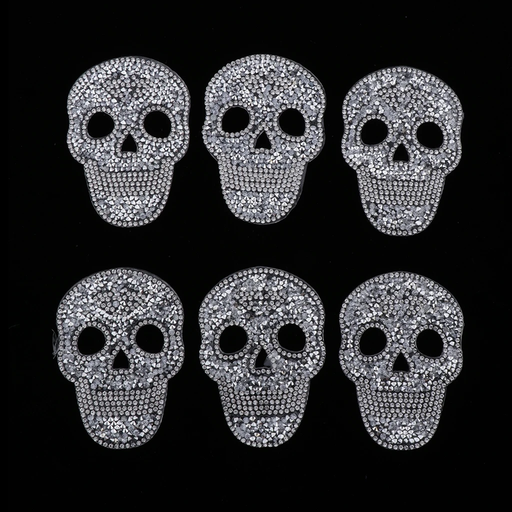 6Pcs Bling Skull Head Rhinestone Appliques Iron/Sew On Hat Bag Clothes Patch