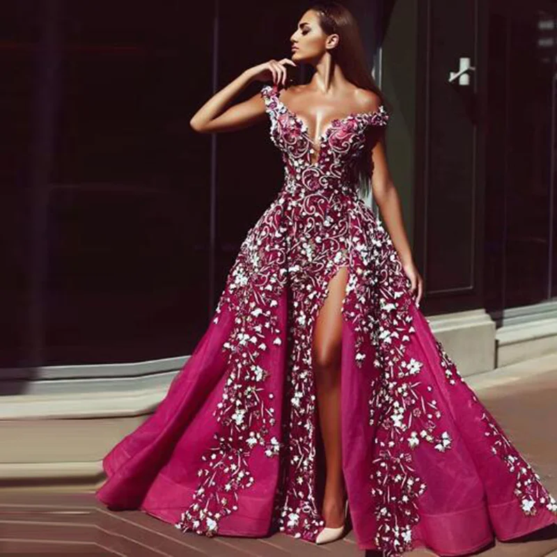Vestido de festa фуксия с открытыми плечами Русалка вечернее платье Новинка Abiye аппликация бисером формальное платье для выпускного вечера Abendkleider