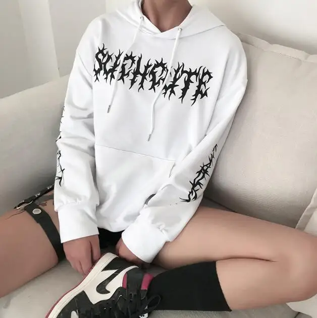 Autumn and winter new women's thorn flower print loose slim hooded sweatshirt - Цвет: Белый