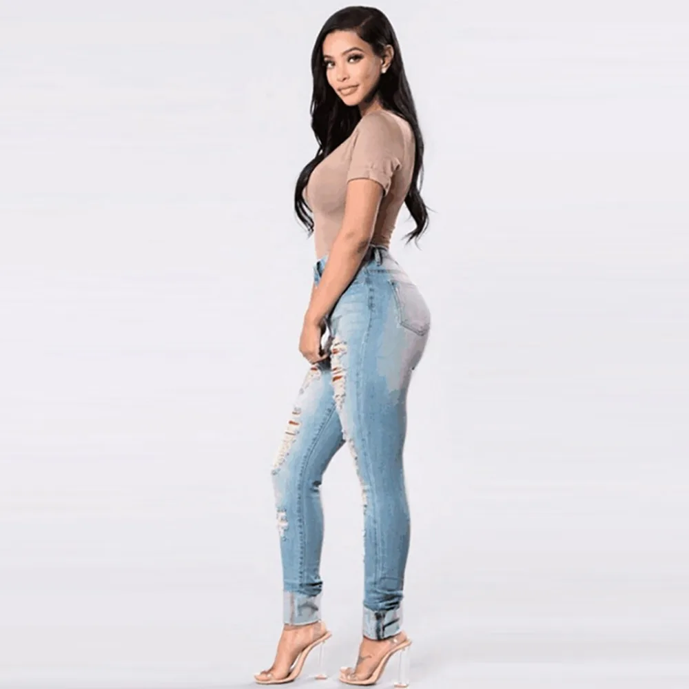 New Fashion Plus Size Skinny Jeans Woman Denim Hole Female Mid Waist Straight Stretch Slim Sexy Pencil Pants 3O07