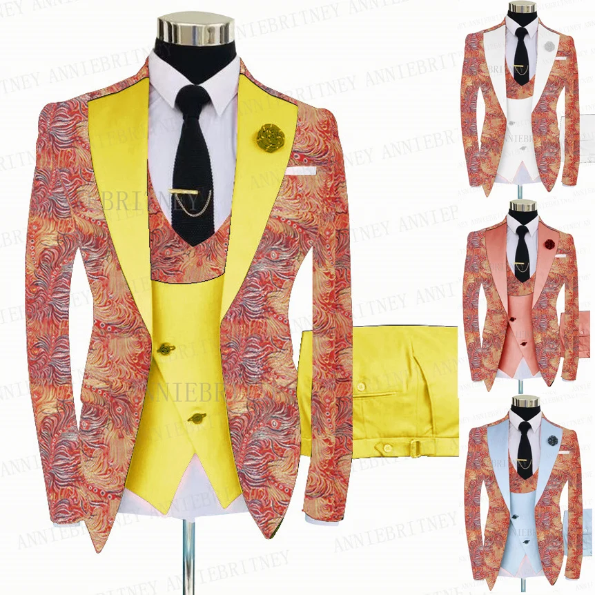 Pink Floral Printed Men Wedding Suits 3 Pieces Slim Fit Groom Shiny Jacket Prom Suit Male Double Breasted Blazer Sets