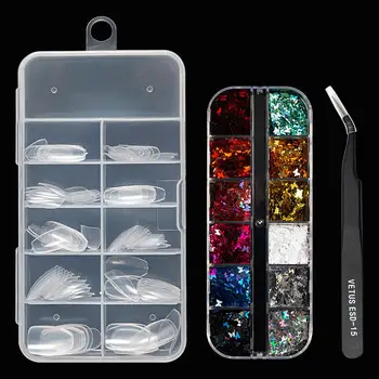 

KROFAUE Nail Tips And Sequins Set False Nail Art Decoration Kits Manicure Tools Nail Accessories Decor Parts With Tweezers