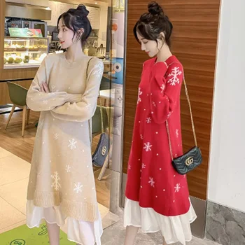 

Winter Thick Warm Knitted Maternity Long Dress Sweet Clothes for Pregnant Women Snowflake Splicing Sweaters Breastfeeding
