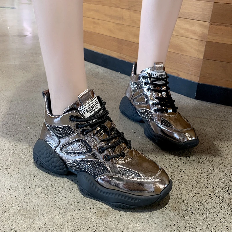 

2019 Autumn New Chunky Sneakers Patent Leather Crystal Ankle Dad Shoes Fashion Thich Sole Platform Sneakers