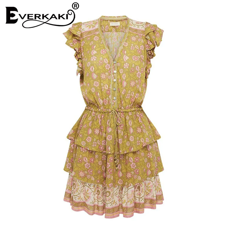 Green Everkaki Ruffles Boho печати Мини платье женское с поясом пуговицы цыганские женские пляжные короткие платья женские Лето Осень новинка - Цвет: Green