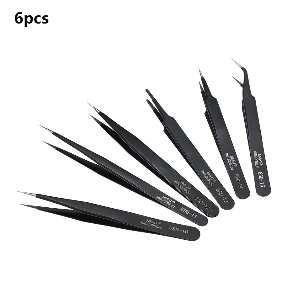 6pcs 6 шт. высокое качество антистатические ESD нержавеющая сталь пинцет техническое обслуживание промышленные прецизионные изогнутые прямые пинцеты инструмент для ремонта - Тип головки пинцета: 6pcs