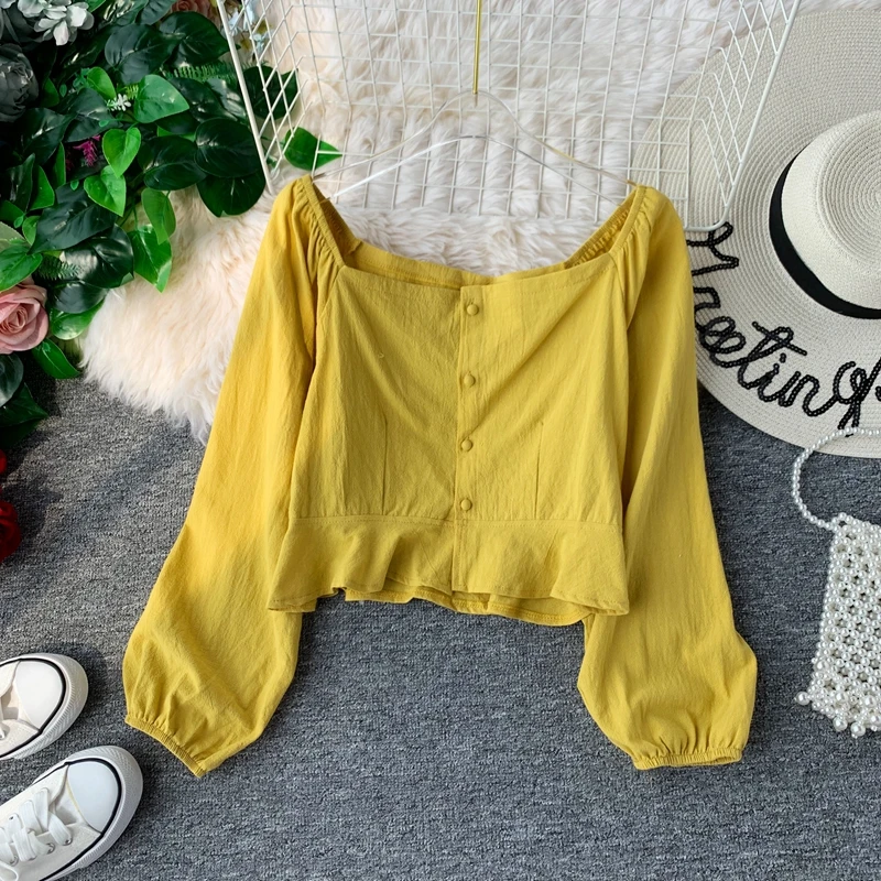 

Woman Autumn 2019 New Korean Square Collar Shirt High Waist Short Crop Tops Long Sleeve Solid Color Blouse J069