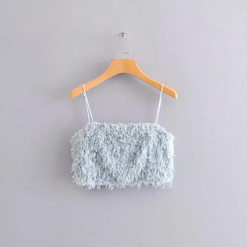 Модный женский укороченный топ с перьями, Короткие Сексуальные вечерние топы для клубов, небесно-голубой милый женский топ без рукавов, Летний Пляжный короткий топ